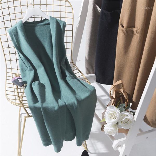 

2020 solid color long coat female autumn sleeveless knitted vest women korean fashion v-neck lady's sweater wool cardigan1, Black;white