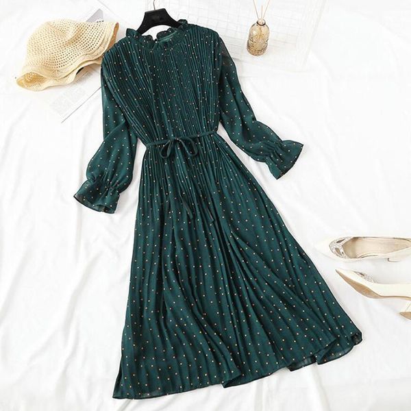 

elegant polka dot women dress female casual flare sleeve office chiffon dot print dresses a-line vintage sweet clothing vestidos1, Black;gray