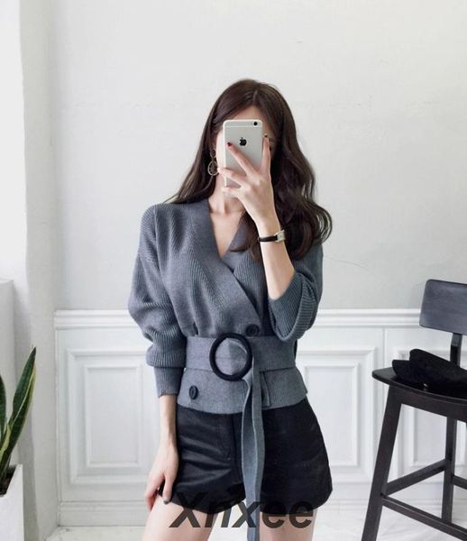 

xnxee 2020 runway women bats sleeves sweater cardigan female korean bow tie sweater full sleeve double breasted coat, Black;brown