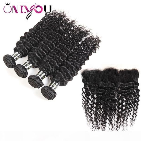 

onlyouhair peruvian hair with frontal closure deep wave human hair bundles with frontal ear to ear soft deep wave remy hair weave bundles, Black;brown