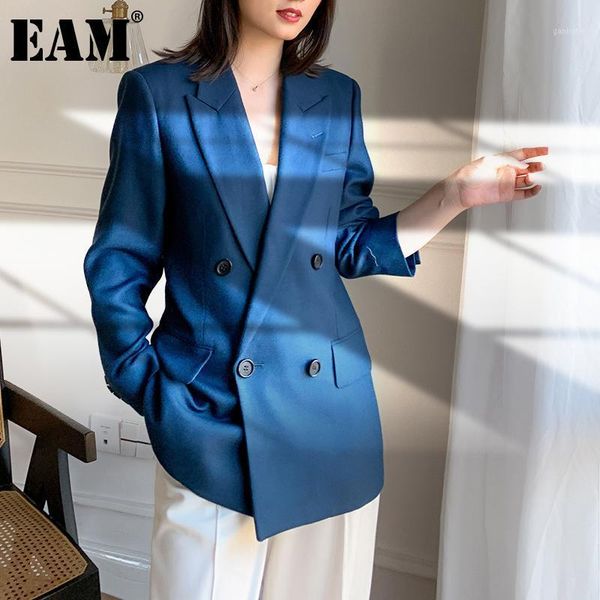 

eam] women blue dboule breasted big size blazer new lapel long sleeve loose fit jacket fashion spring autumn 2020 1dd04251, White;black