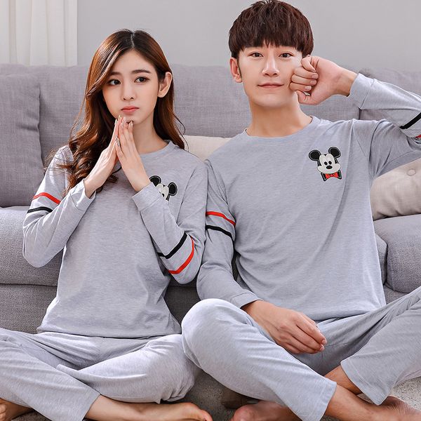 

couple pajamas set summer long sleeve 100% full cotton sleepwear men and women tracksuit big size pyjamas lovers sleep wear y200708, Black;red