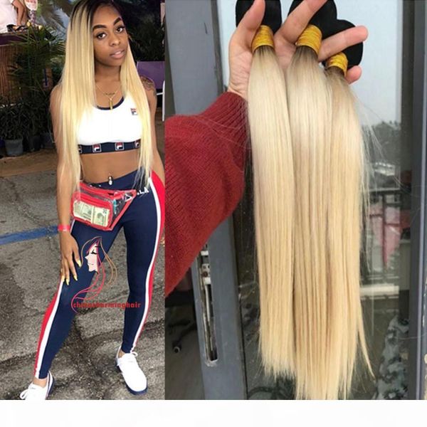 

1b 613 virgin ombre hair platinum blonde dark roots ombre hair 3 bundles lot ombre blonde 100% human straight hair, Black