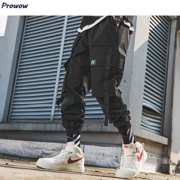 

2020 new ribbon men's streetwear workwear hip hop jogging pants workwear black fashion pocket wide pants trendy style1