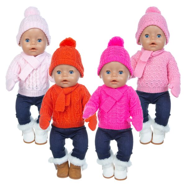 

1set swieter suit + шляпа + шарф + перчатки подходят 17 дюймов 43см кукол одежда, рожденный детский костюм для детского дня рождения фестива