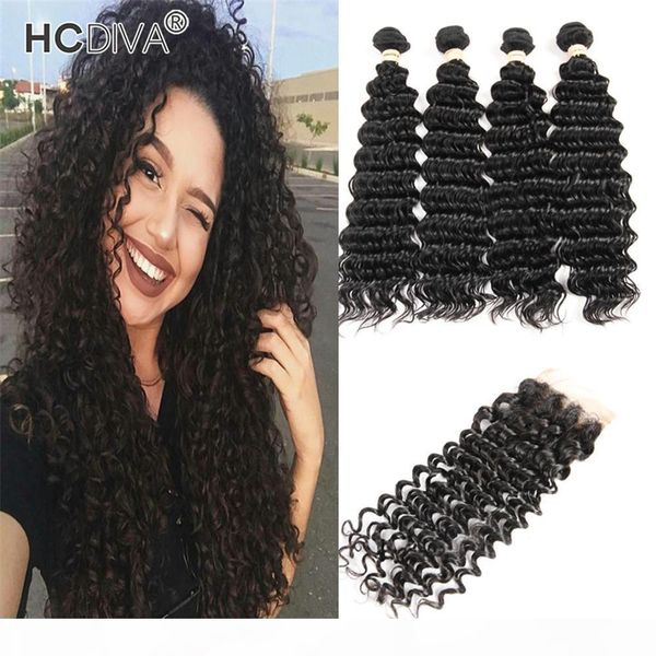 

hcdiva brazilian deep wave bundles with closure human hair weave 4 bundles with closure unprocessed remy bundles with 4x4 lace closure, Black;brown
