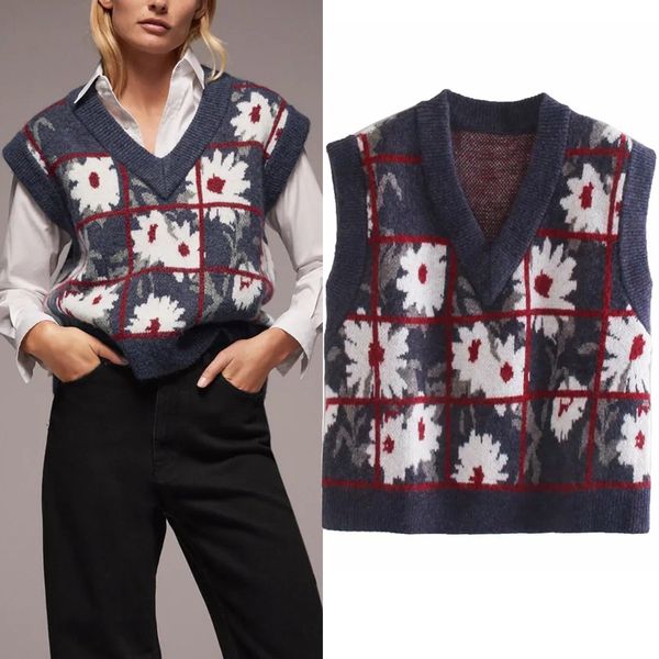 

2021 new purple floral ribbed trims knitted sweater vest women autumn vintage v neck sleeveless loose casual cute waistcoat q5rd, White;black