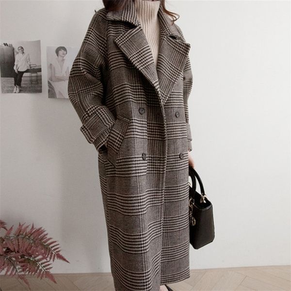 Donne cappotto di lana scozzese lungo allentato doppio petto moda femminile cappotti autunno inverno capispalla 2020 giacche trench oversize LJ201201