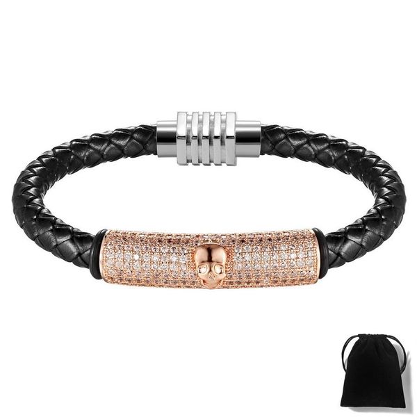 

xqni latest 4 colors magnetic clasp fashion micro pave cubic zircon genuine punk man leather bracelet skull for men sqcjrf, Bronze;silver