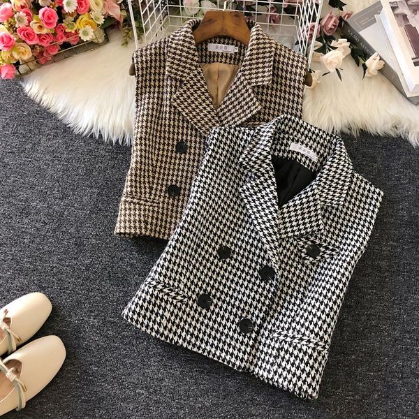 

новое поступление vingtage tweed плед шерстяной жилет женщин двубортный короткий жилет, Black;white