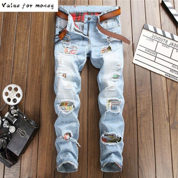 

straight men's fashion nightclub men slim jeans men vintage light blue holes ripped biker jeans for motorcycle casual denim pant