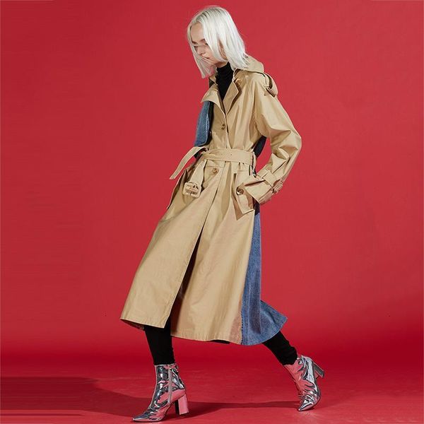 

lanmrem] 2020 autumn new products turn-down collar spliced denim patchwork windbreaker female trench wj26604m drop shipping, Tan;black