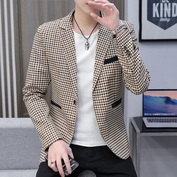 

casual suit men korean version slim fashion autumn men's youth plaid suit jacket 2021 new single west1, White;black