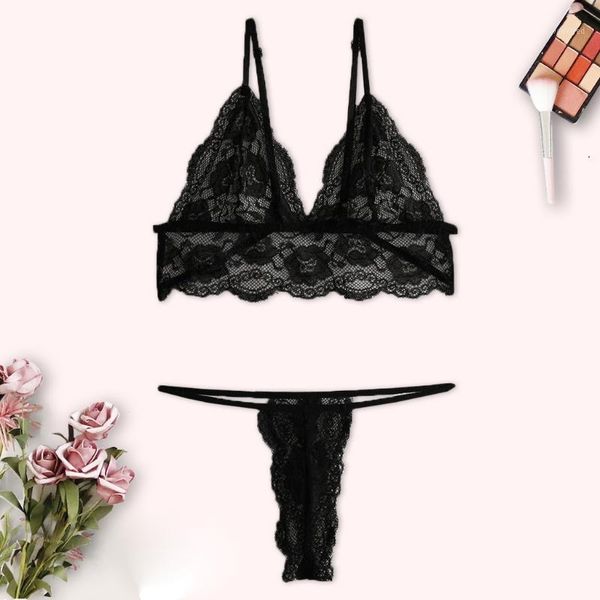 

new women plus size lace lingerie bra+thong underwear set black sleepwear s-3xl1, Red;black