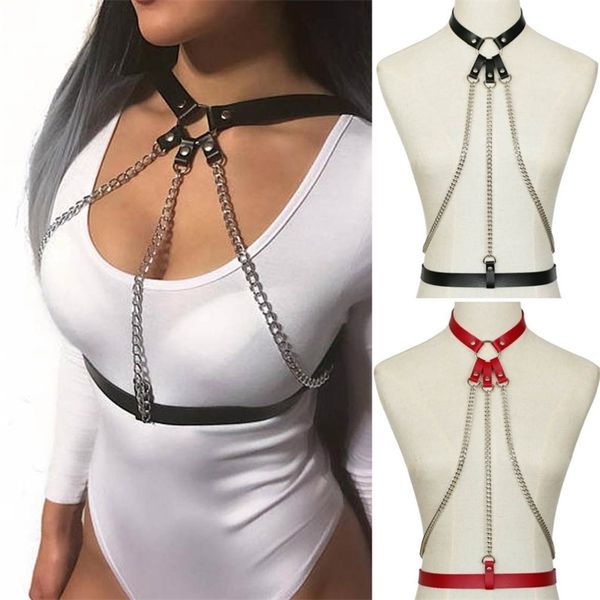 

new bondage chain harness pu leather belt cage gothic body chain punk goth fashion jewelry cosplay bodychain festival outfit t200508, Silver