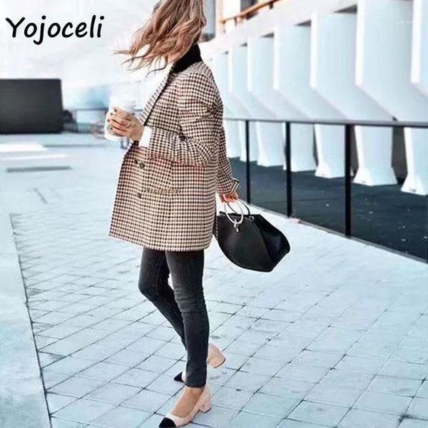 

yojocel 2018 autumn winter vintage palid blazer coats outerwear double breasted female blazer jacket streetwear causal1, White;black