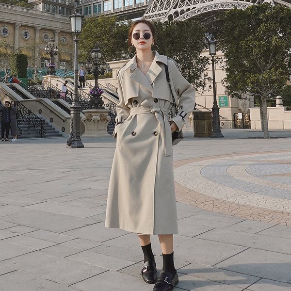 

2021 new windbreaker20spring new fall loose fine retro fashion double lapel breasted solid high-end long coat7m tgw7, Black;brown