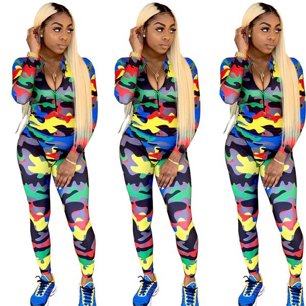 

l8068 women's fashion casual camouflage open collar jumpsuit, White