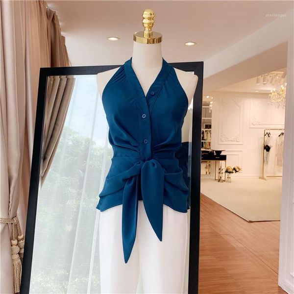 

2019 fashion runway designer women's halter neck backless lacing bow blouse, White