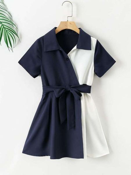 

girls two tone belted shirt dress she, Red;yellow