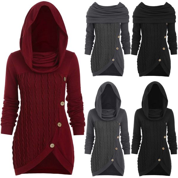 

women's sweaters women autumn cowl neck cable knit tunic knitwear button hooded sweater ladies long daily pullovers, White;black