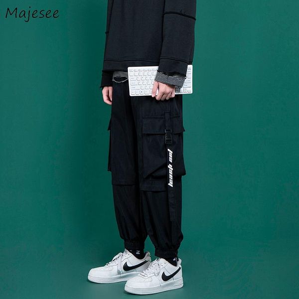 

men casual pants cargo all-match joggers sweatpants side pockets male leisure bottoms ribbons hip hop fitness streetwear fashion, Black