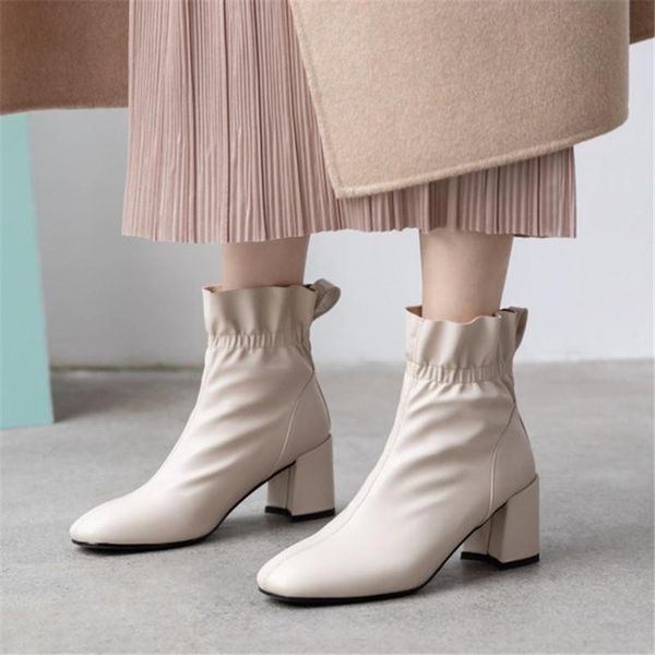 

pxelena elegant ruffles women ankle boots black beige block square high heels office lady dress party date shoes plus size 34-43
