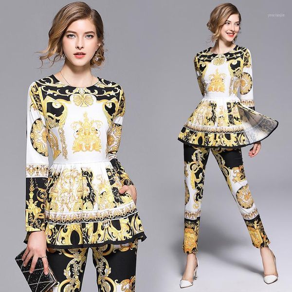 

2019 spring summer fall runway 2 piece womens sets retro vintage print crew neck long sleeve shirt blouse pant suits outfits1, White
