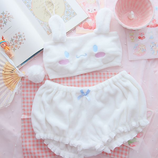 

soft girl big ear tube girly underwear loli plush cartoon japanese sweet cute bra set c1211, Black;white