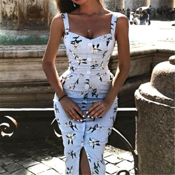 

2021 summer fashion women dresses sleeveless button bodycon floral sundress summer midi dress femme drop shipping, Black;gray