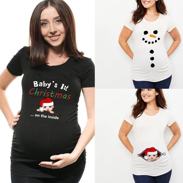 

baby's 1st christmas maternity t shirt snowman buttons funny pregnancy tee cute christmas t shirt pregnant maternity t-shirts, White