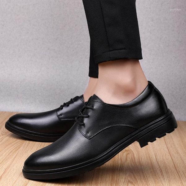 

genuine leather men dress shoes outdoor formal lace up business pointed toe work male flats men's oxford wedding party shoes1, Black