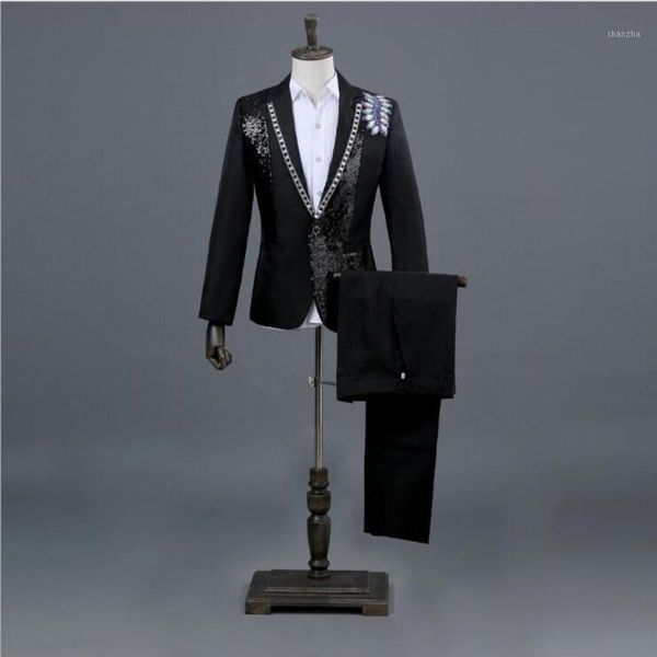 

retro rhinestone stitching sequin men nightclub singer stage show clothing two-piece blazer trousers suit1, White;black