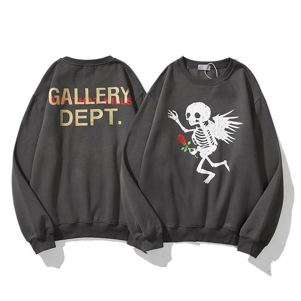 

european and american street brand skeleton rose hand devil angel washed round neck men and women loose sweater coat mens designer hoodies, Black