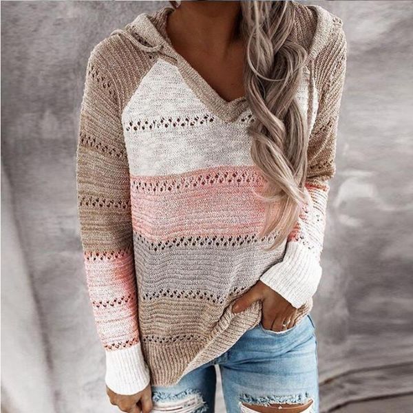

women's hoodies & sweatshirts women fashion sweatshirt striped knitted casual patchwork v-neck long sleeve hooded lady hoody pullover, Black