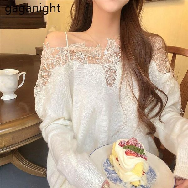 

gaganight solid lace women sweater new autumn winter knitted hollowed out sweaters loose pullovers sweet girls pull femme, White;black