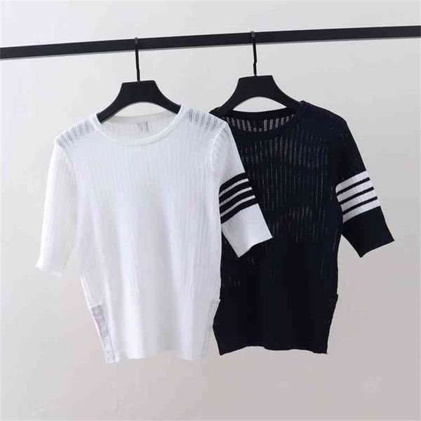 

summer new tb four bar color matching striped ice silk short sleeved sweater slim and hollow out blouse for women, White