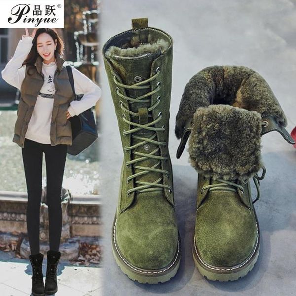 

boots wedge shoes genuine leather snow woman winter 2021 women's pig split ladies platform booties, Black