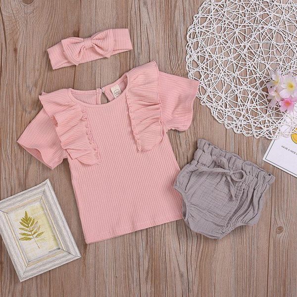 

2020 summer newborn baby girl clothes ruffle pink t-shirt shorts briefs 3pcs casual set outfit1, White