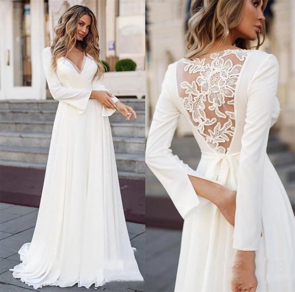 

2021 beach chiffon ivory wedding dresses long sleeves boho bridal gown white lace appliques wedding gowns custom made plus size v-neck