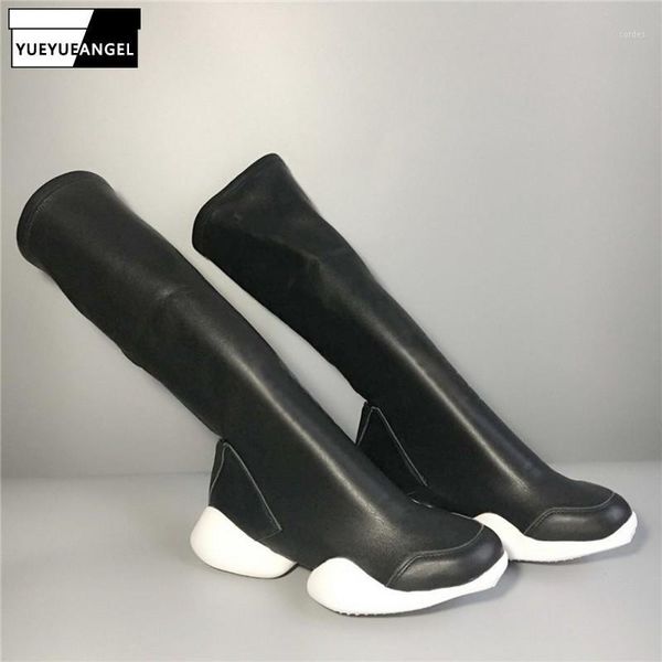 

boots personality thick bottom stretch mid calf knight spring autumn brand round toe slip on increase cow suede boots1, Black