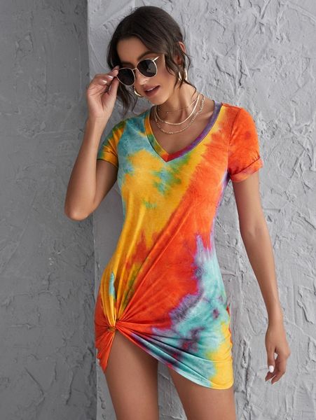 

twist hem tie dye dress s4vl#, Black;gray