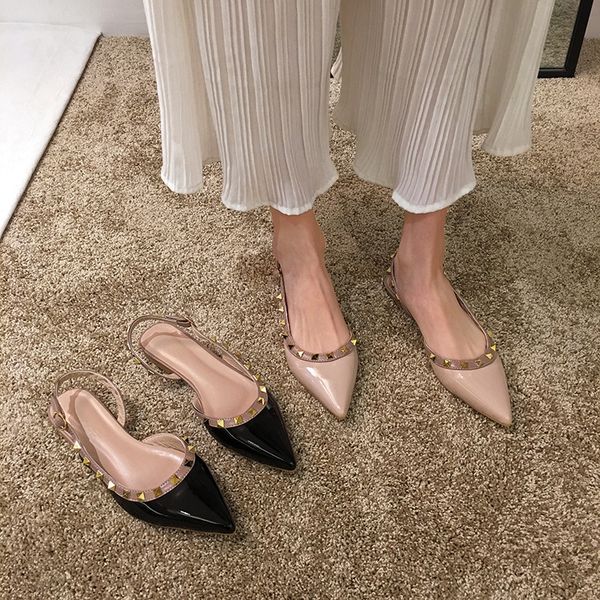 

ladies rivets sandals back strap mixed colors pointy toe sandals for dress office shoes patent leather y200702, Black