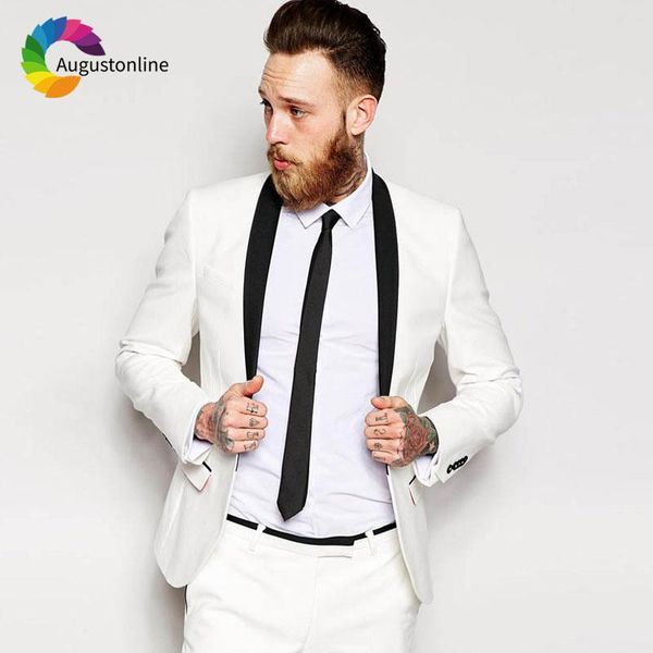 

custom made white mens wedding suits groom tuxedo black shawl lapel jacket pants 2piece slim fit blazer masculino costume homme, White;black
