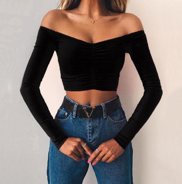 

new women's solid color long-sleeved one word collar slim short t-shirt, White