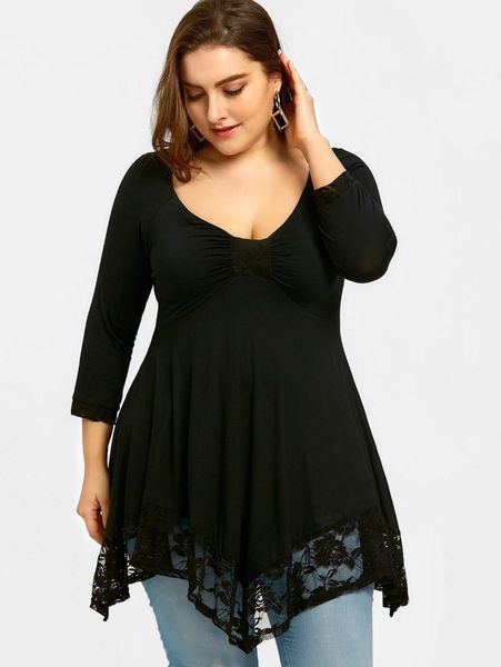 

wipalo plus size 5xl empire waist handkerchief t-shirt women spring lace trim women casual black asymmetrical female tees, White