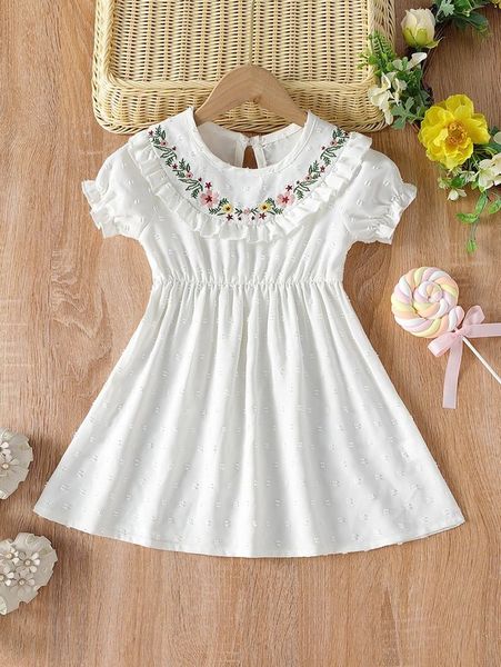 

toddler girls swiss dot floral embroidered puff sleeve ruffle trim dress she, Red;yellow