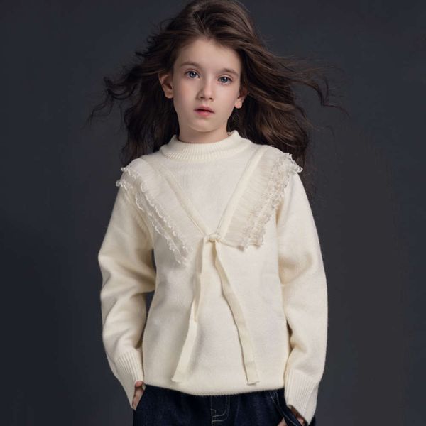 

children's round neck lace 2020 new cuhk cashmere girls' solid color sweater, Blue