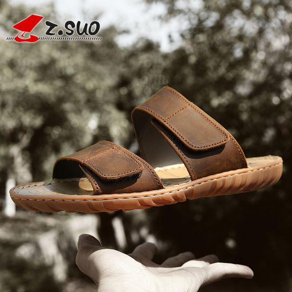 

men's straddle slippers summer new leather slippers fashion casual magic button slippers men's zs616n c1212, Black;white