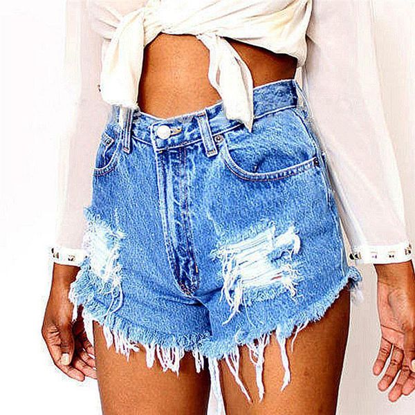 

wholesale-fashion women vintage ripped summer high waisted denim shorts jeans button pocket hole light blue shorts1, White;black